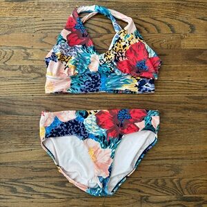 Athleta Longline Plunge Printed D-DD Bikini Bora Bora Multi M EUC
